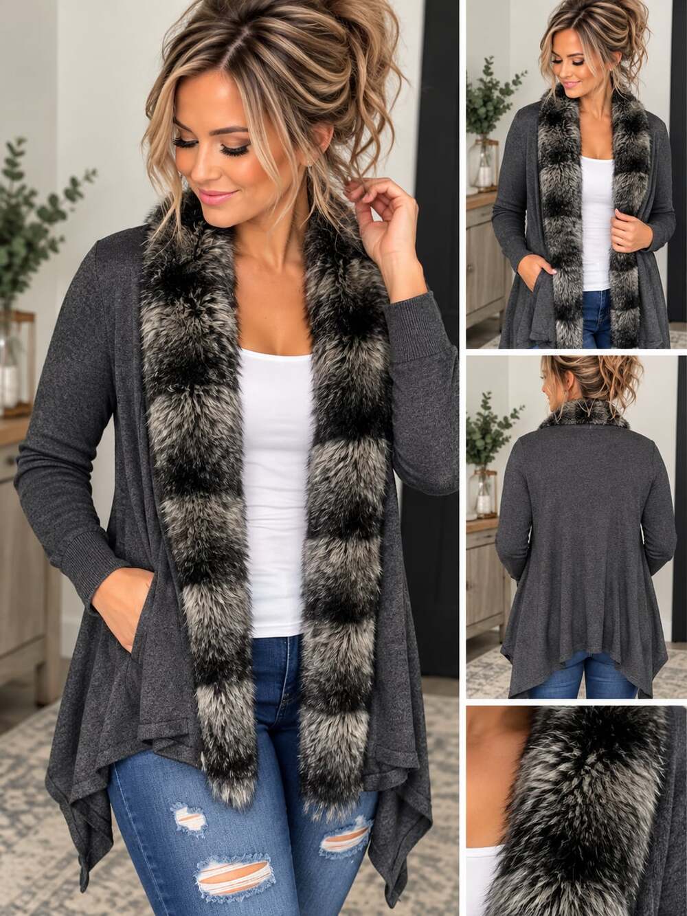 Worthington Faux Fur Trim Cascade Cardigan Size 2X Charcoal Gray Sweater